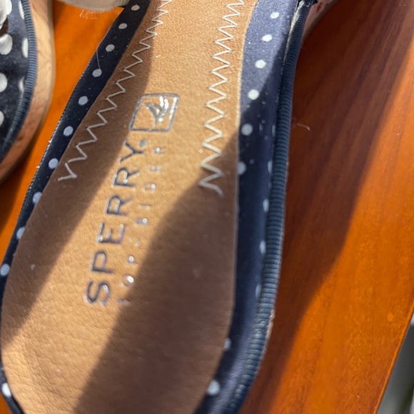 Sperry Top Sider Navy Blue/White Polka Dot Wedge Shoes With White Bow Design- N - Picture 4 of 11